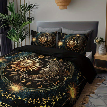 3pcs Bedding Set - Elegant & Golden Sun/Moon/Planets Print Duvet Cover with 2 Pillowcases, All-Season Luxury Bedspread for Queen/King Size Beds, Machine Washable Polyester Bedding For Home & Dorm Decor
