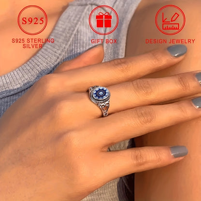 Bohemian Blue Eye Amulet Ring - 925 Silvery-Tone Metal Jewelry with Intricate Beadwork, Protection & Blessing Design for Engagement, Wedding, For Teenager