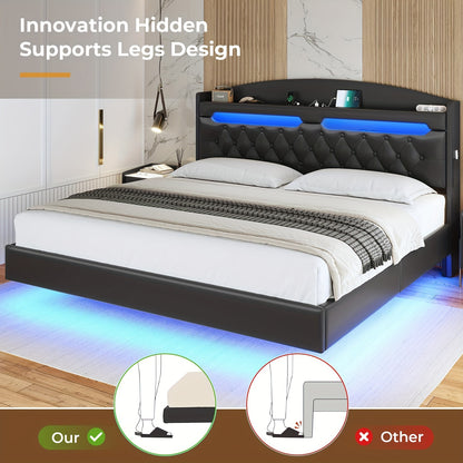 King Size Floating Bed Frame with LED Lights and Charging Station, Upholstered Leather Platform King Bed Frame with Hidden Storage Headboard, No Box Spring Needed, Black PU