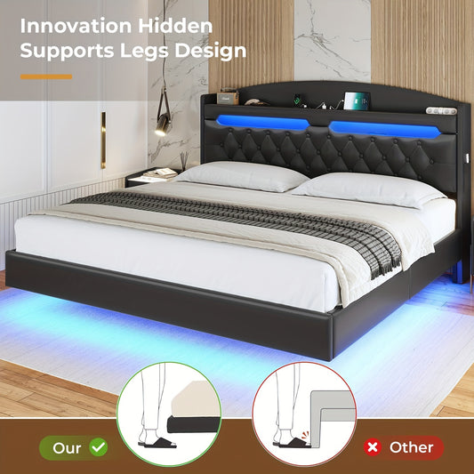 King Size Floating Bed Frame with LED Lights and Charging Station, Upholstered Leather Platform King Bed Frame with Hidden Storage Headboard, No Box Spring Needed, Black PU