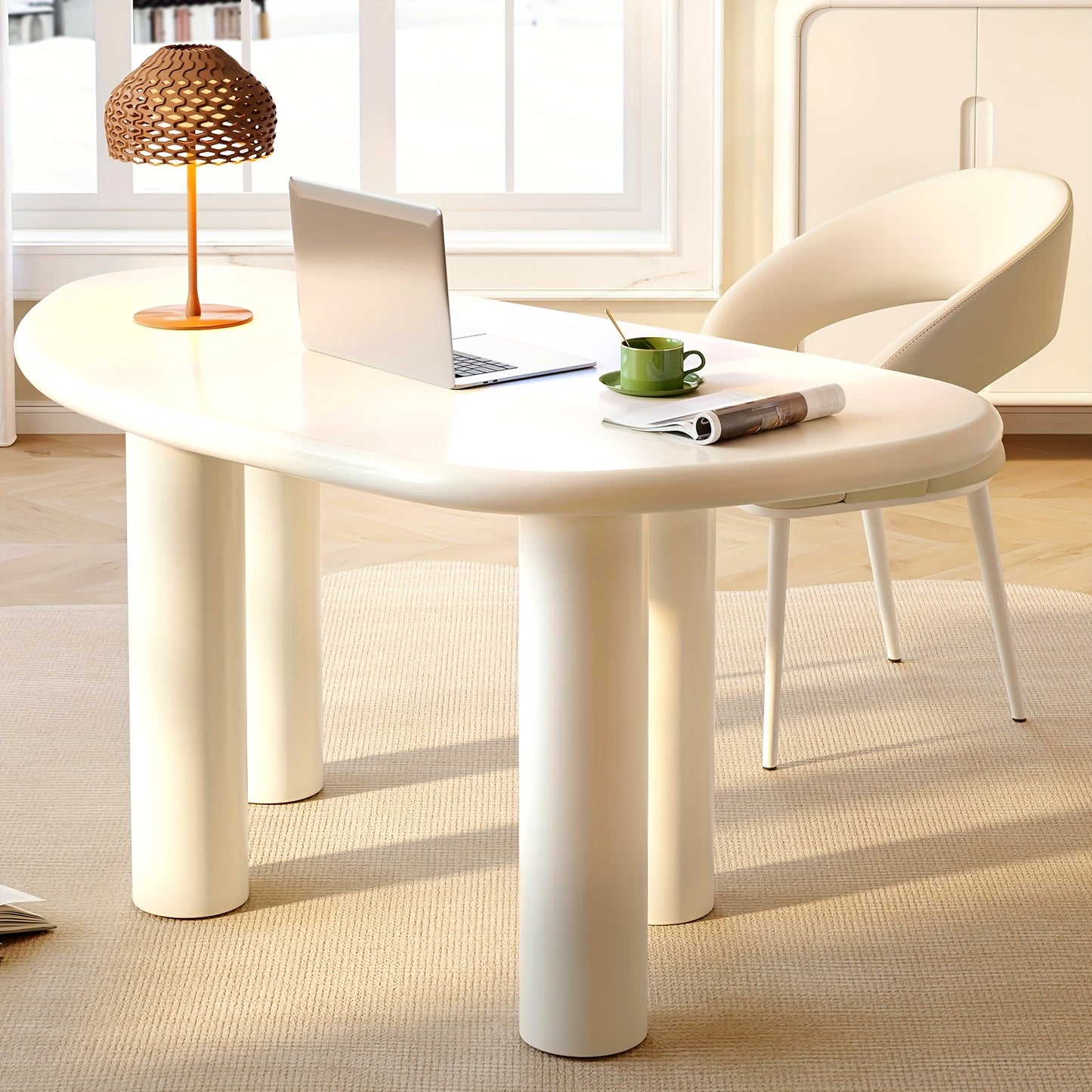 Large Office Desk, Wedge-Shaped Computer Office Desk, Modern Executive Desk, Creamy White Writing Study Desk For Study Room, Home Office, Easy Assembly, Guyii