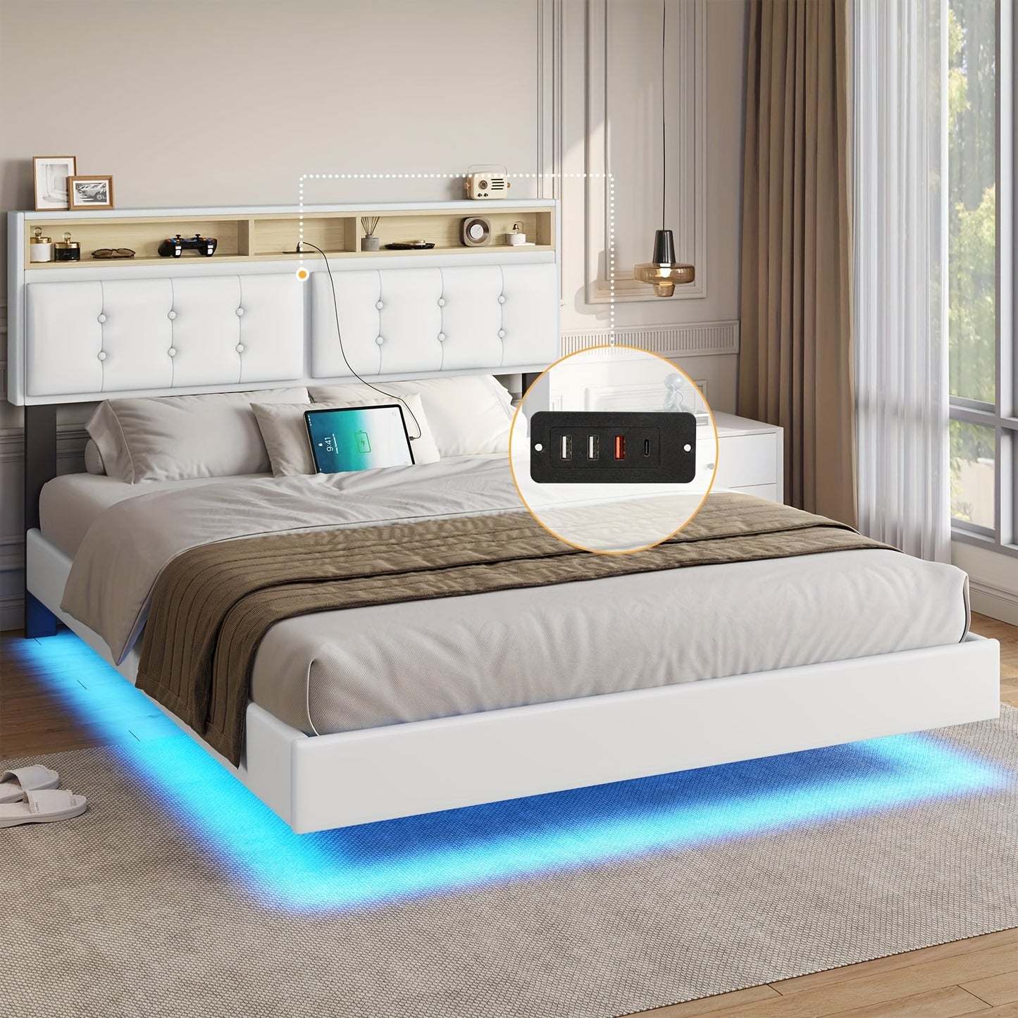 Queen Size Floating Bed Frame With LED Lights And Charging Station, Modern Queen Size Visible Floating Platform Bed Frame With Storage Headboard, White