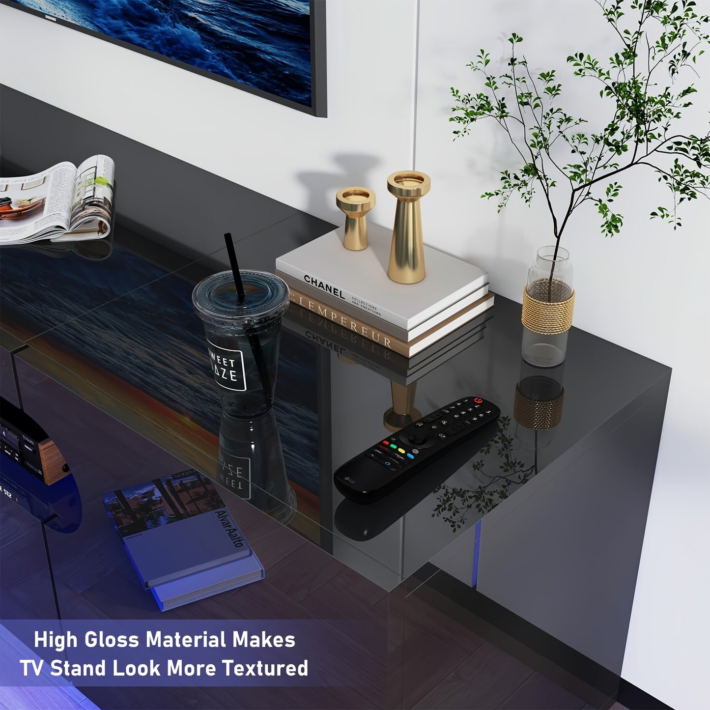 65IN LED TV Stand For 65/70/75inch TV, Modern Black TV Stand For Living Room, High Glossy TV Entertainment Center With Large Storage Drawer, APP RGB Light, TV Console, TV Cabinet (Black)