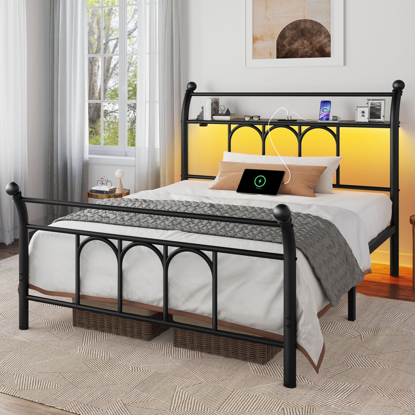 Classic Metal Platform Bed Frame with Victorian Style Iron-Art Headboard/Footboard/Under Bed Storage/No Box Spring Needed