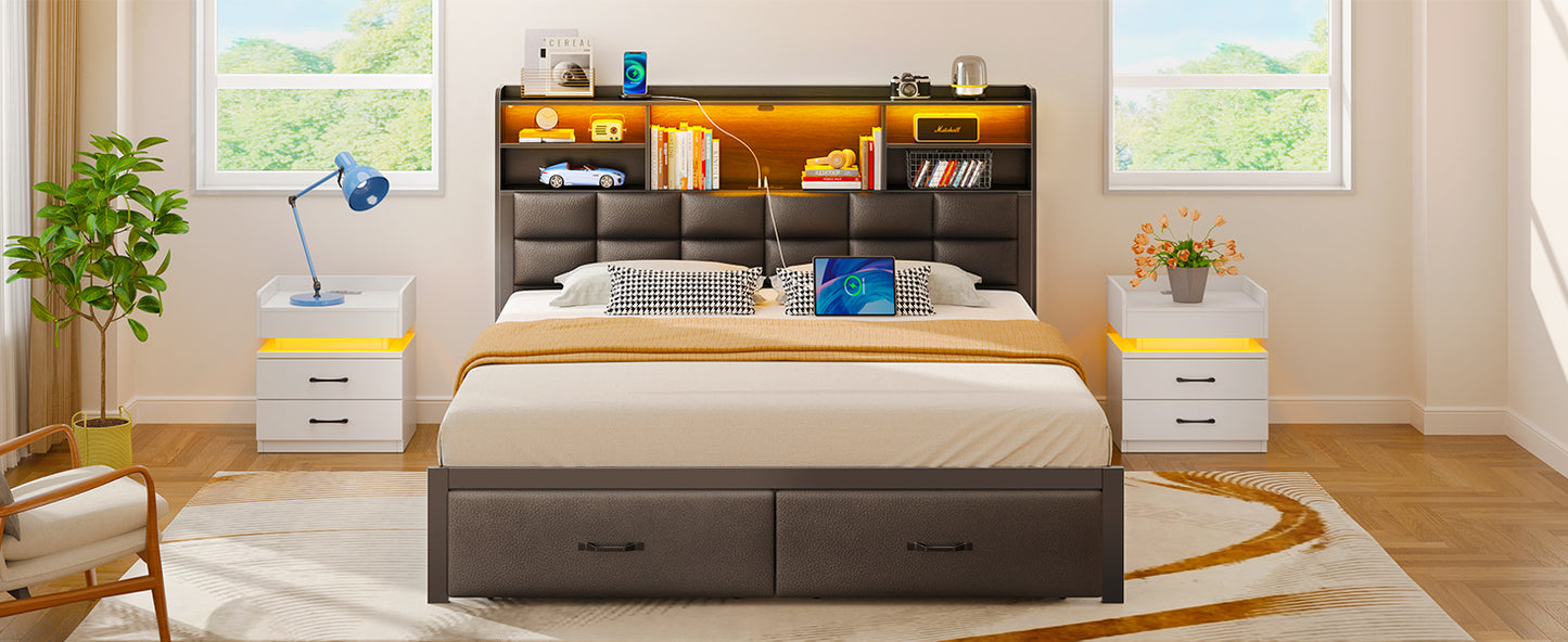 Bed Frame Full/Queen/King Size with Drawers and Charging Station, Upholstered Platform Bed with Storage Headboard and LED Light, Heavy Duty Metal Frame Support, No Box Spring Needed, Noise Free,