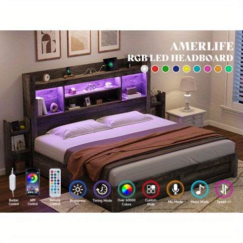 PAPABABE Bed Frame Featuring a 49.6-Inch Bookcase Headboard, Four Drawers, And Two Removable Storage Racks - a Farmhouse-Style Wooden Bed Frame Equipped with RGB LED Lights And a Charging Station, No Box Spring Required.