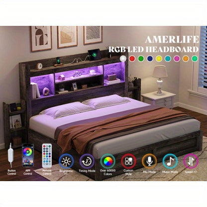 PAPABABE Bed Frame Featuring a 49.6-Inch Bookcase Headboard, Four Drawers, And Two Removable Storage Racks - a Farmhouse-Style Wooden Bed Frame Equipped with RGB LED Lights And a Charging Station, No Box Spring Required.