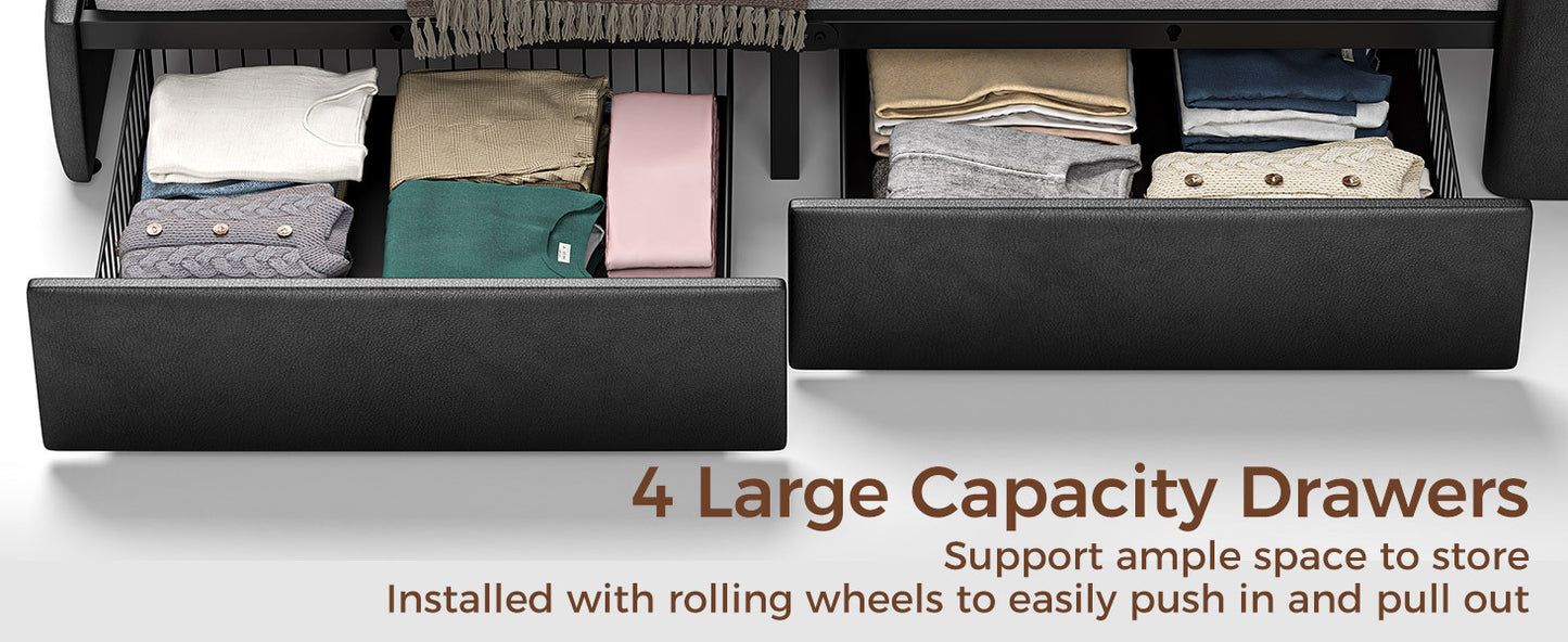 Twin Full Queen Bed Frame with LED Lighting, Built-in Charging Station, have RemotePU Leather/neutral-toned linen fabric Storage Headboard & Drawers,Heavy Duty Wood Slats, Quick & Easy Assembly - Perfect for Bedroom Furniture