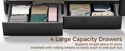 Twin Full Queen Bed Frame with LED Lighting, Built-in Charging Station, have RemotePU Leather/neutral-toned linen fabric Storage Headboard & Drawers,Heavy Duty Wood Slats, Quick & Easy Assembly - Perfect for Bedroom Furniture