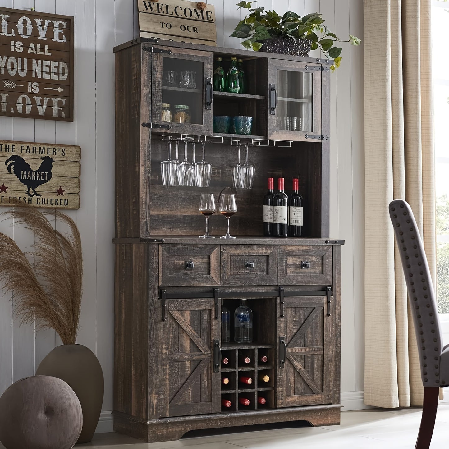 72" Farmhosue Bar Cabinet With Sliding Barn Door, Large Kitchen Buffet With Hutch W/Wine & Glasses Rack, 3 Drawers, 12 Storage Shelves, Rustic Coffee Bar Sideboard Table