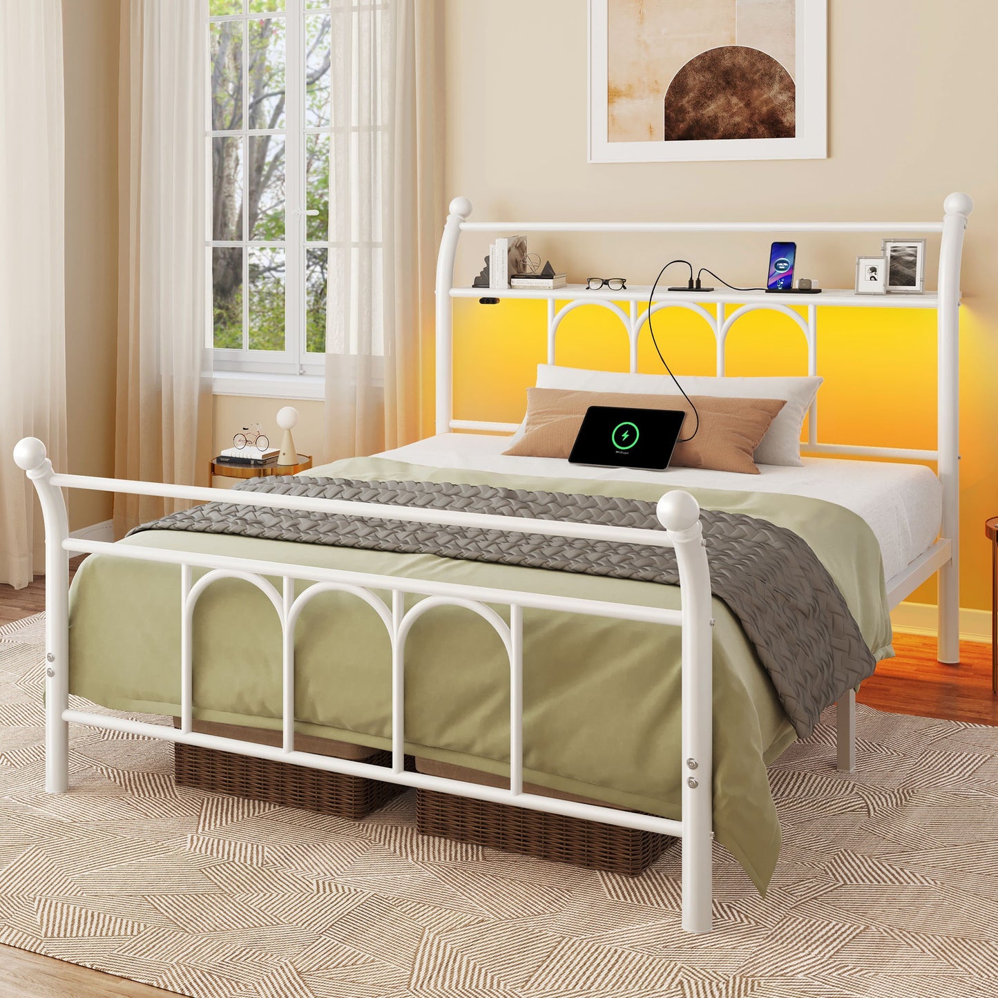 Classic Metal Platform Bed Frame with Victorian Style Iron-Art Headboard/Footboard/Under Bed Storage/No Box Spring Needed
