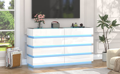 Modern 8-Drawer Dresser with Glass Top, High Gloss White Chest of Drawers, RGB LED Illumination, Wood-Based Panel & Hardwood Jewelry Display, with Closed Storage <3.2 Cubic Feet, for Bedroom, Living Room - US Plug, 110-130V