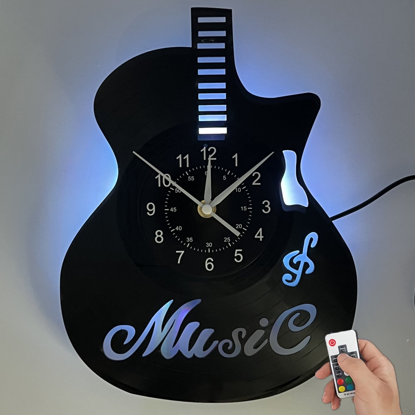 [Unique Vinyl Record Wall Clock] Unique Vinyl Record LED Wall Clock - Guitar-Shaped, Musical Theme, Irregular Shape, Flat Crown, Digital Display, Battery Operated (AA Not Included) - Ideal for Living Room, Bedroom, Office, Mu