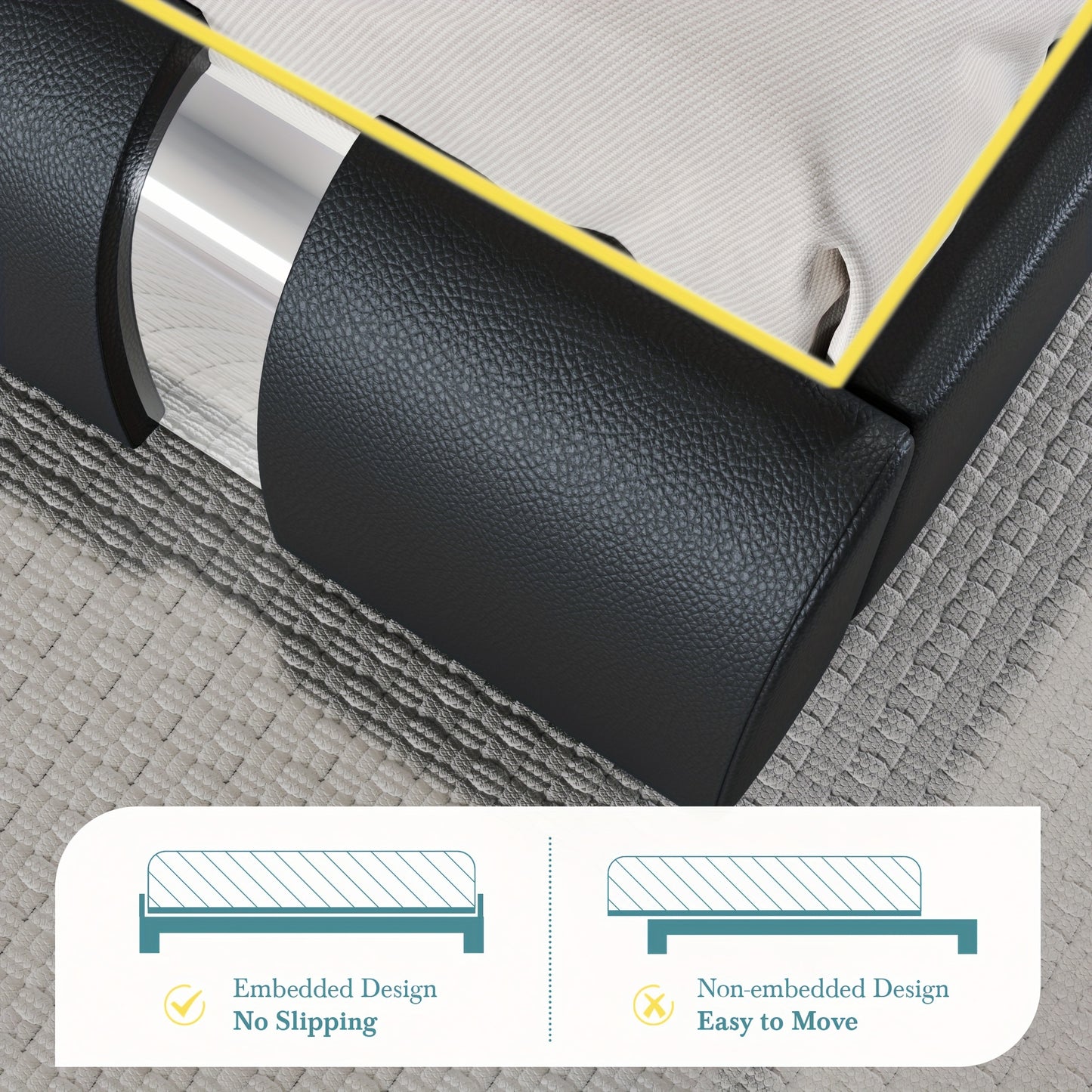 HOOMIC Modern Faux Leather Bed Frame With Iron Pieces Decor, Low Profile Platform Bed With Height-Adjustable Headboard, Solid Wood Slat Support, No Box Spring Needed