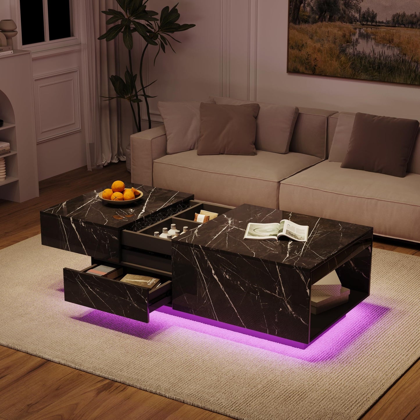 LED Coffee Table, 43" UV High Gloss Modern Center Table With 2 Drawers & Hidden Storage Compartment & Open Compartments, Modern Extendable Cocktail Table (Marble Black Or White)