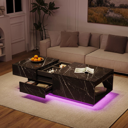LED Coffee Table, 43" UV High Gloss Modern Center Table With 2 Drawers & Hidden Storage Compartment & Open Compartments, Modern Extendable Cocktail Table (Marble Black Or White)