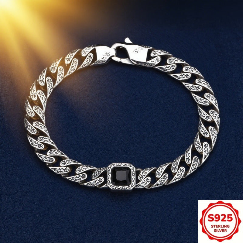 1pc S925 925 Silvery Plated-plated Men's bracelet, vintage style, with Arabic patterns, hypoallergenic, available in blue, green, and black, unique design, fashionable and versatile, suitable for both men and women, simple de