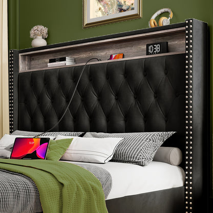 PaPaJet LED Bed Frame with Charging Ports Velvet Upholstered Bed Frame with Button Tufting Headbord