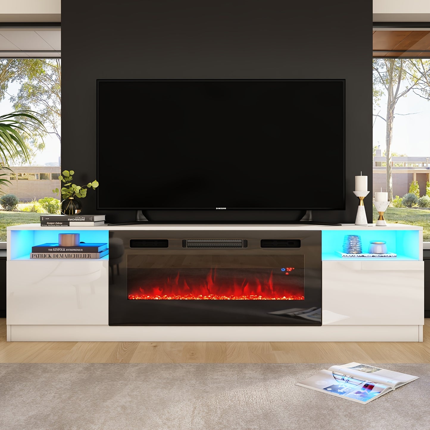 Fireplace TV Stand - Electric LED & Wood Texture