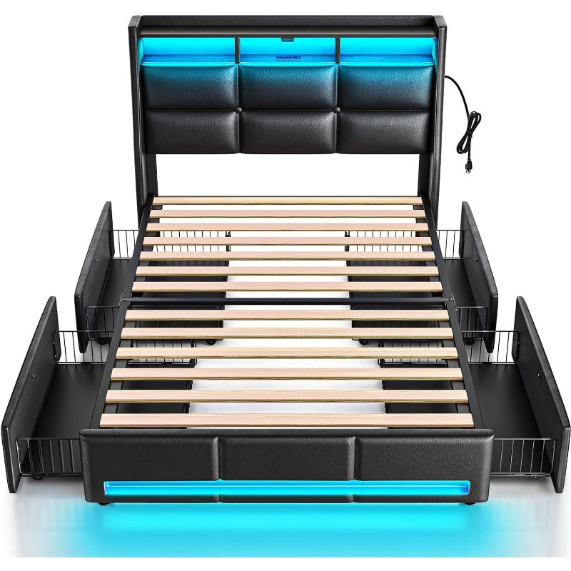 Twin Full Queen Bed Frame with LED Lighting, Built-in Charging Station, have RemotePU Leather/neutral-toned linen fabric Storage Headboard & Drawers,Heavy Duty Wood Slats, Quick & Easy Assembly - Perfect for Bedroom Furniture