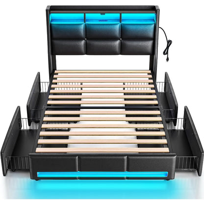 Twin Full Queen Bed Frame with LED Lighting, Built-in Charging Station, have RemotePU Leather/neutral-toned linen fabric Storage Headboard & Drawers,Heavy Duty Wood Slats, Quick & Easy Assembly - Perfect for Bedroom Furniture