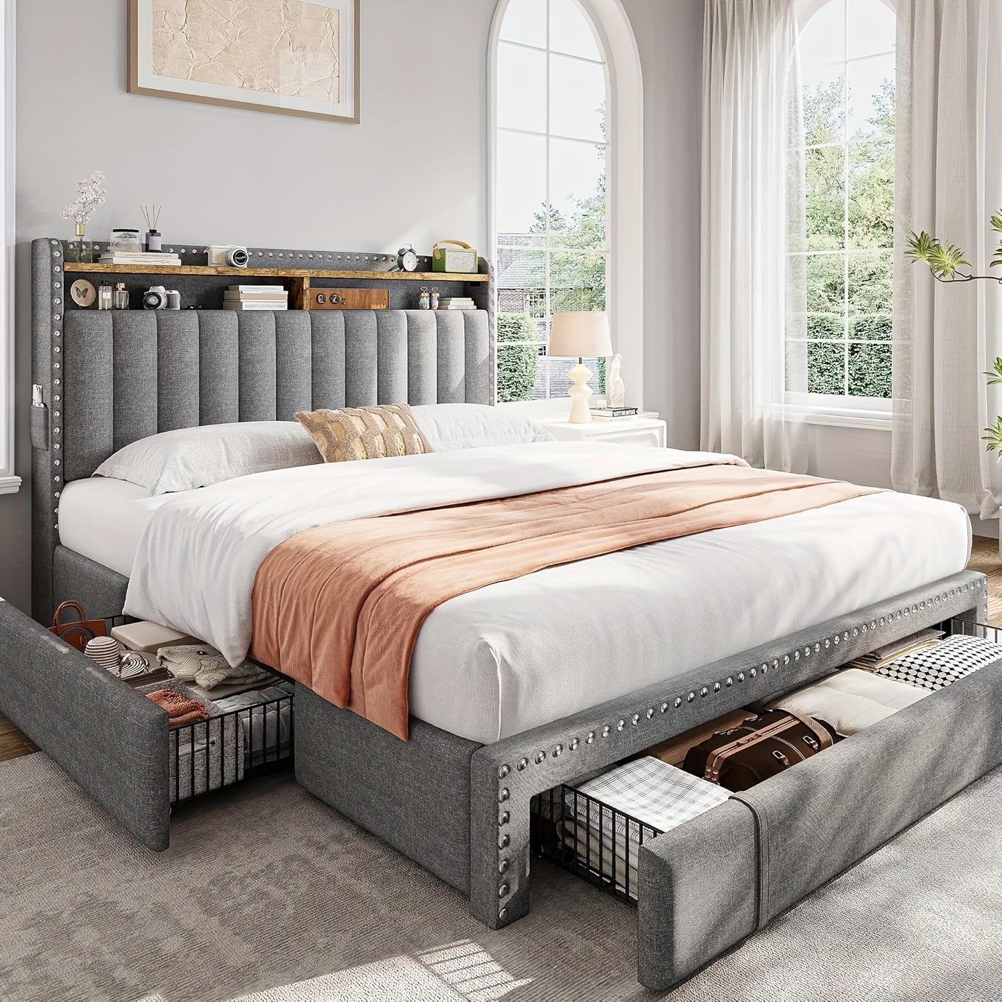 ENHOMEE King Size Upholstered Storage Bed with 3 Drawers & 2-Tier Nightstand Shelves - Modern Platform Bed Frame, Quick Assembly, Metal Frame, Contemporary Style