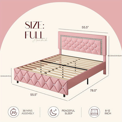 Full Size Bed Frame, Upholstered Bed Frame Full Size with Diamond Tufted Headboard, Faux Leather Headboard & Footboard, Wooden Slats Support, No Box Spring Needed, Easy Assembly, Pink