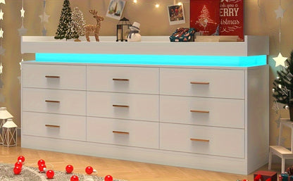 9 Drawer Dresser With LED Light, Modern Chest Of Drawers For Closet, Wide Drawer Organizer Cabinet For Bedroom, Living Room, Entryway, Hallway (9 Drawer White) Black