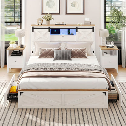 Farmhouse Metal Bed Frame with LED Lights & Charging Station, Queen Size Platform Bed with Storage Shelves & 2 Drawers, Walnut White