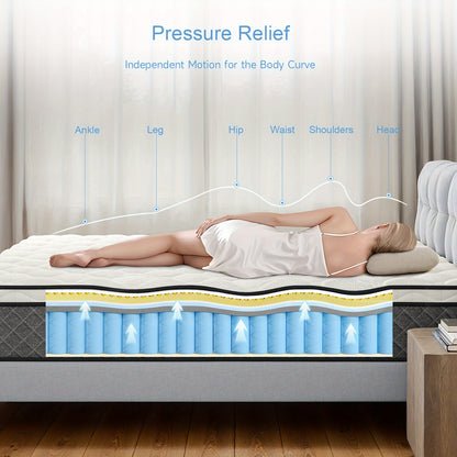 Mattress, 12 Inch Innerspring Hybrid Mattress In A Box With Gel Memory Foam, Individually Wrapped Encased Coil Pocket Spring Mattress, Pressure Relief, Medium Firm Support