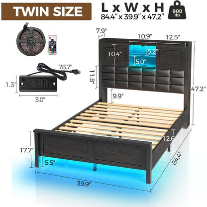 Greenstell Bed Frame Twin/Full/Queen Size with Charging Station, Bookcase Headboard Bed with LED Light and Sliding Doors, Platform Bed with Wooden Slats, No Box Spring Needed, Noise Free