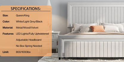 LUXOAK Queen Size LED Platform Bed Frame with Upholstered Design, Includes 4 Storage Drawers, Adjustable Headboard with Vertical Channels, No Box Spring Needed