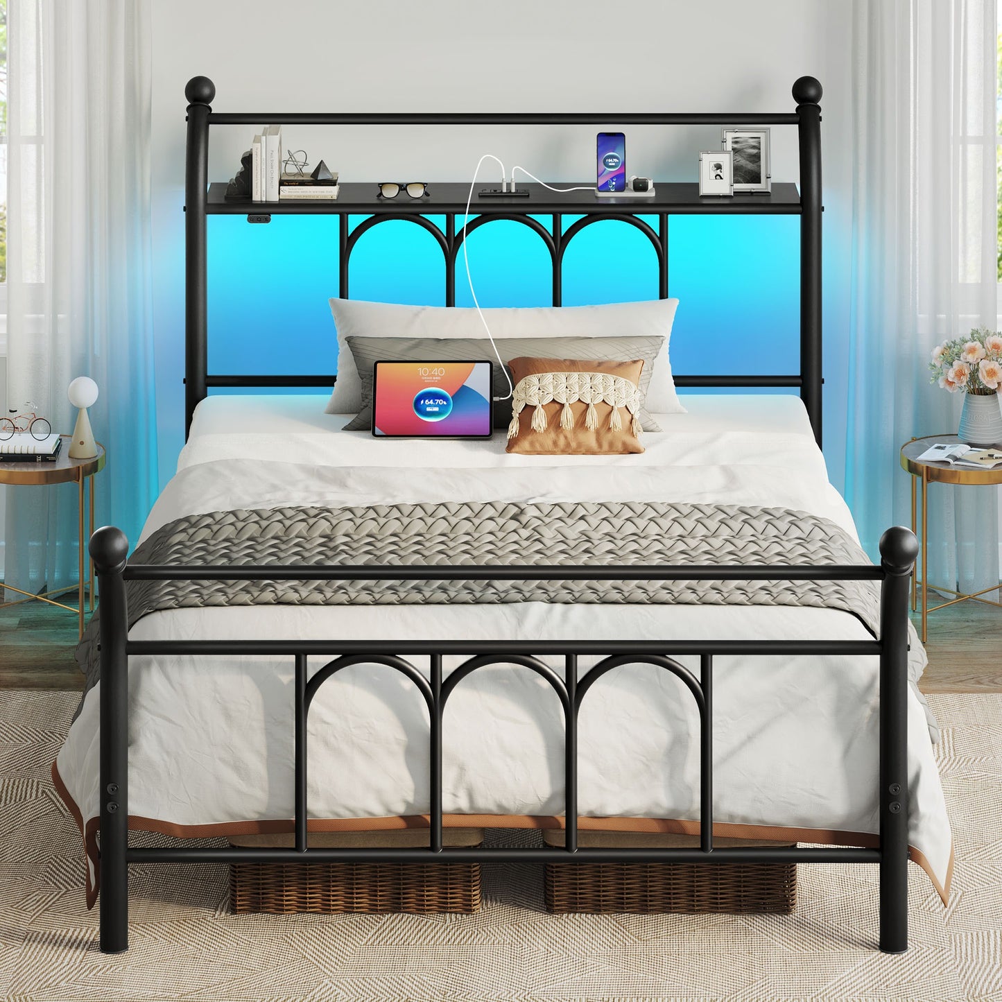 Classic Metal Platform Bed Frame with Victorian Style Iron-Art Headboard/Footboard/Under Bed Storage/No Box Spring Needed
