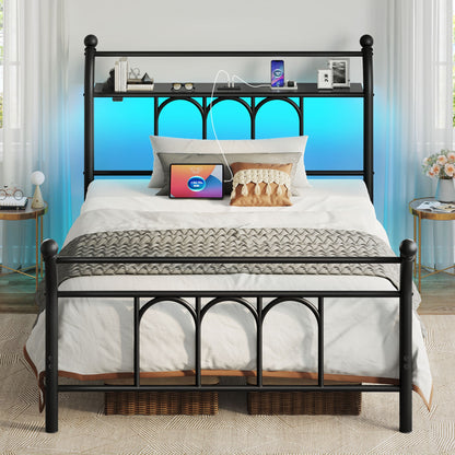 Classic Metal Platform Bed Frame with Victorian Style Iron-Art Headboard/Footboard/Under Bed Storage/No Box Spring Needed