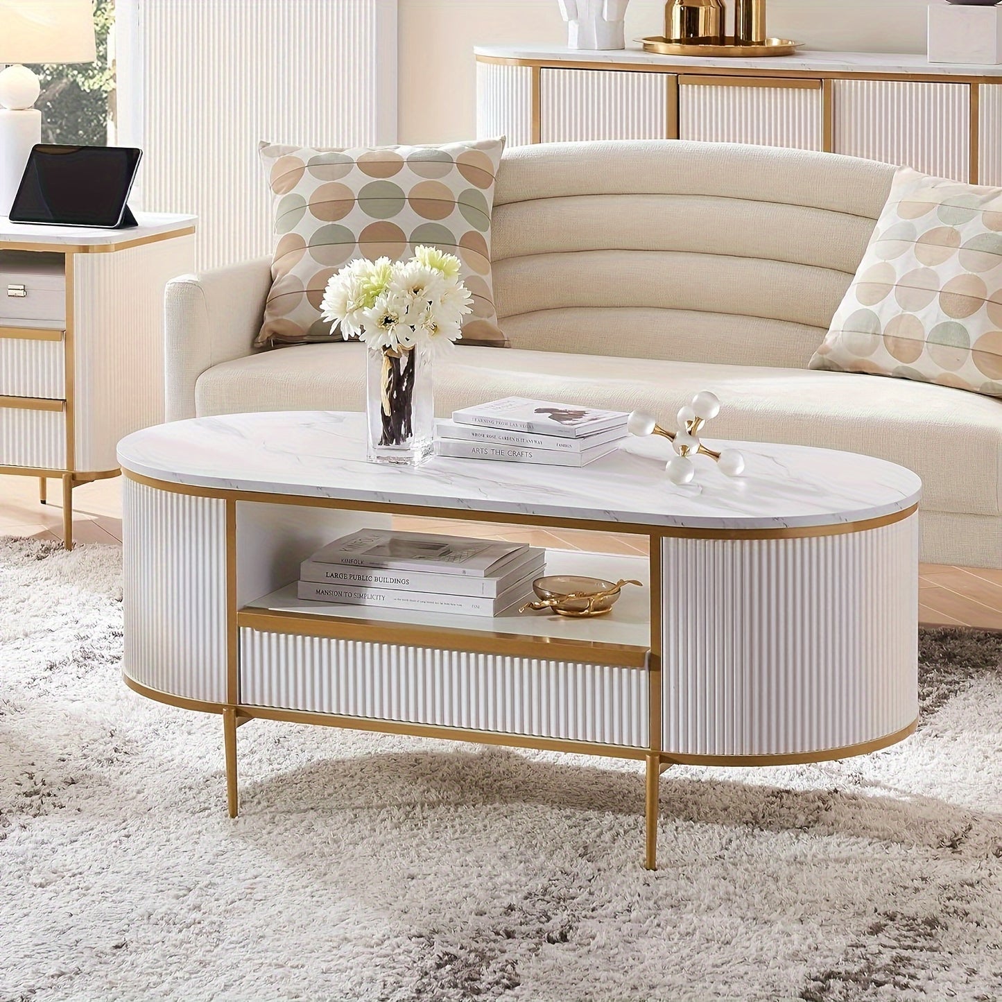 48" Oval Coffee Table - Faux Marble Top & Golden Accents