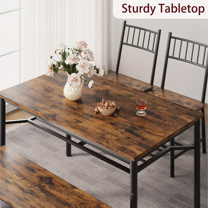 Dining Table Set For 4, Kitchen Table And Chairs For 4 With Storage Bench, Rectangular Kitchen Table Set With Wine Rack, Dining Room Table Set For Small Space, Apartment, Retro Brown