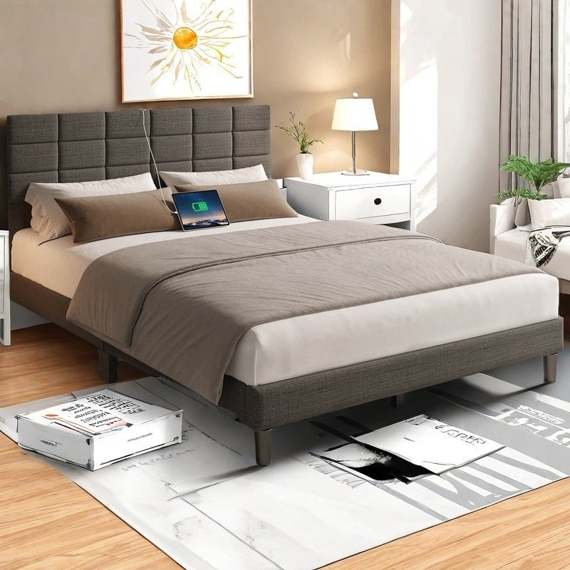 Twin/Full/Queen/King Size Platform Bed Frame with Fabric Upholstered Headboard and Wooden Slats Support, Leather Upholstered Headboard, and Built-in Charging Station, Upholstered Mattress Foundation/No Box Spring Needed/Easy