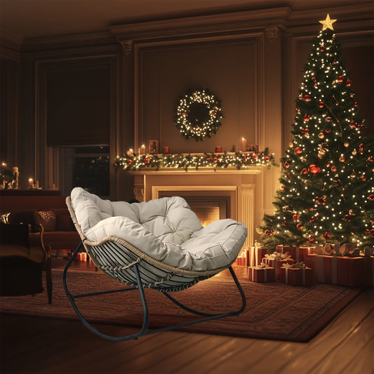 Beige Egg-Shaped Rocking Chair with Cushioned Seat - Modern Rattan Wicker Patio & Indoor Lounge Chair for Bedroom, Living Room, Porch, and Garden - Durable Steel Frame