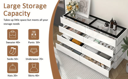 Modern 8-Drawer Dresser with Glass Top, High Gloss White Chest of Drawers, RGB LED Illumination, Wood-Based Panel & Hardwood Jewelry Display, with Closed Storage <3.2 Cubic Feet, for Bedroom, Living Room - US Plug, 110-130V