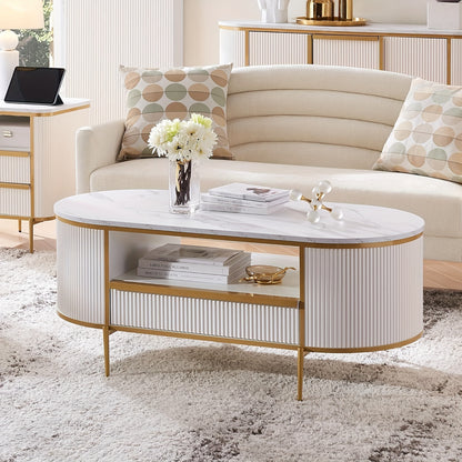 48" Oval Coffee Table - Faux Marble Top & Golden Accents