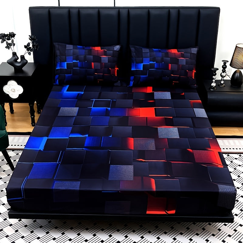 3pcs Cool Technology Digital Printing Material Plaid Fitted Sheet(1pc Bed Sheet+2pcs Pillowcase No Filling)Deep Pocket In 15 Inch At Home Dormitory Suitable for All Seasons Mattress Protector