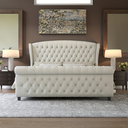 Platform Bed Frame, Chenille Upholstered Sleigh Bed with Scroll Wingback Headboard & Footboard/Button Tufted/No Box Spring Required/