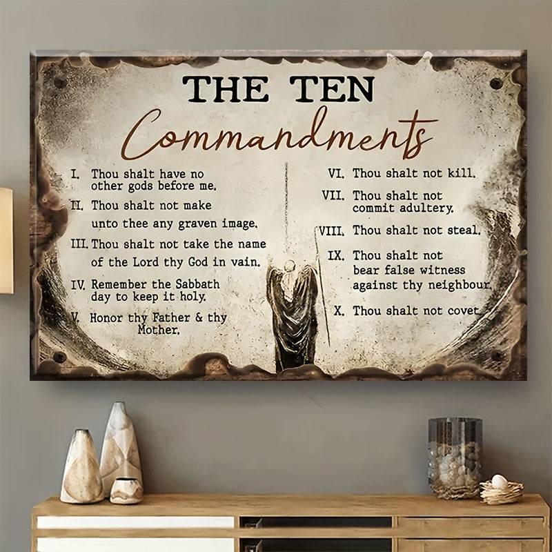 1pc Decorative Patterns On Office Supplies Retro Canvas Walls Jesus Painting Wooden Background The Ten Commandments Wall Art Canvas Motivational Wall Decor - Ready to Hang