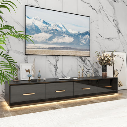 Modern High Gloss TV Stand, Floor Standing TV Cabinet, Gaming And Entertainment Center Console Table, with 4 Drawers And LED Lights, Stylish Design, Black