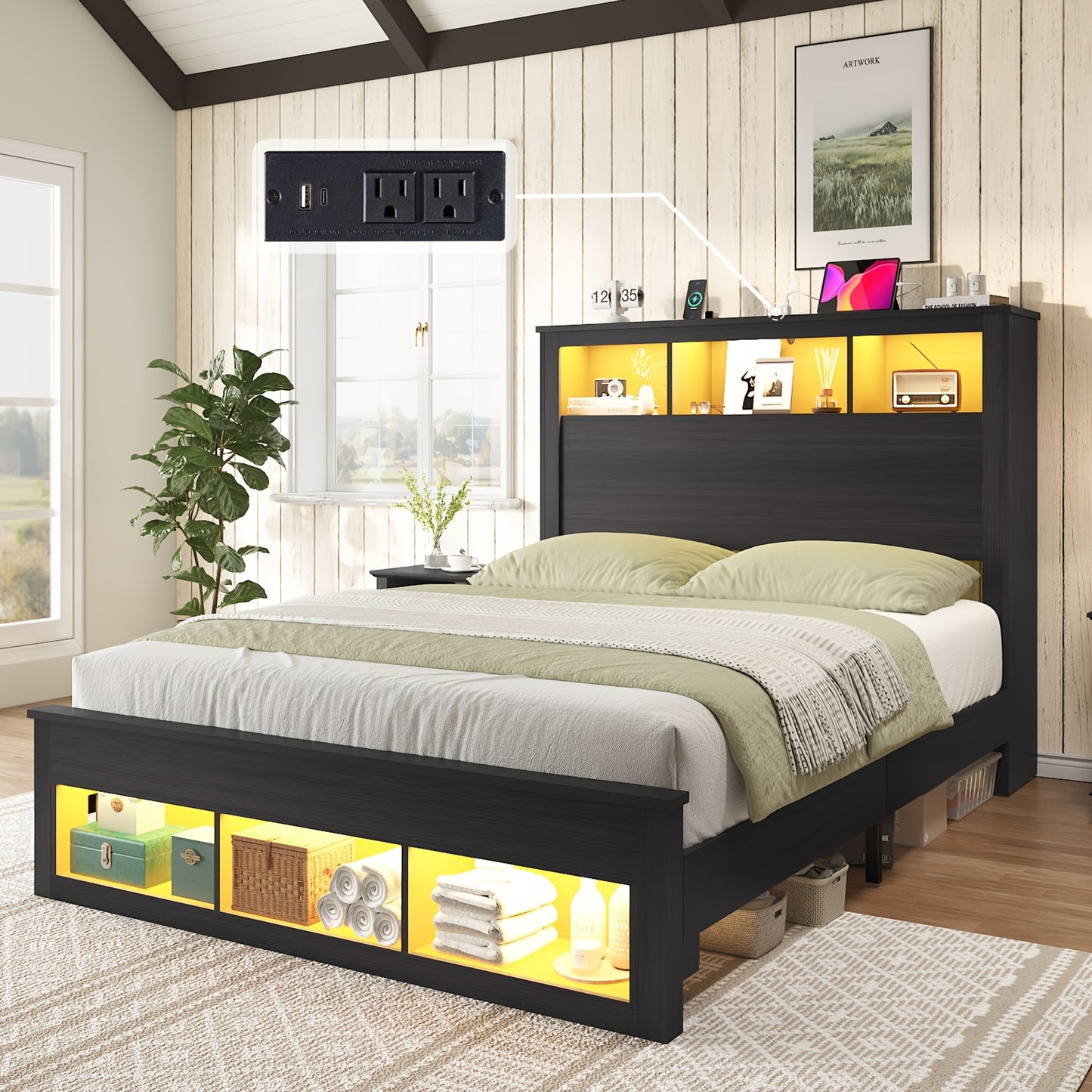 Platform Bed in Farmhouse Style Featuring a Storage Headboard And Footboard, Integrated LED Lighting, And a Charging Station - Does Not Need a Box Spring.