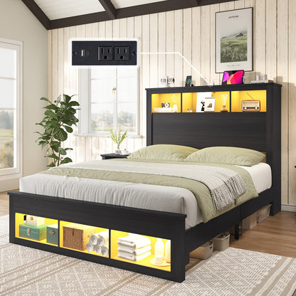 Platform Bed in Farmhouse Style Featuring a Storage Headboard And Footboard, Integrated LED Lighting, And a Charging Station - Does Not Need a Box Spring.