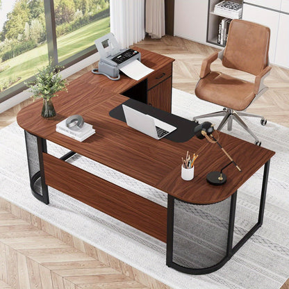 63-Inch Executive Desk - Large L-Shaped Desk with Drawer Cabinet & Storage Shelves - Corner Executive Office Desk - Business Furniture Set Workstation for Home Office - For Professionals & Entrepreneurs - Perfect for Home Off
