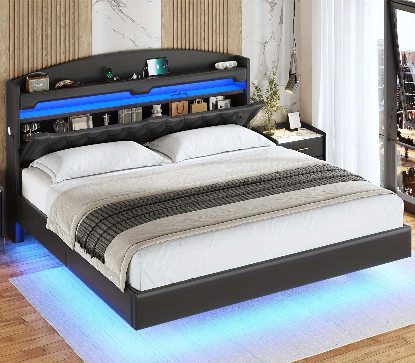 King Size Floating Bed Frame with LED Lights and Charging Station, Upholstered Leather Platform King Bed Frame with Hidden Storage Headboard, No Box Spring Needed, Black PU