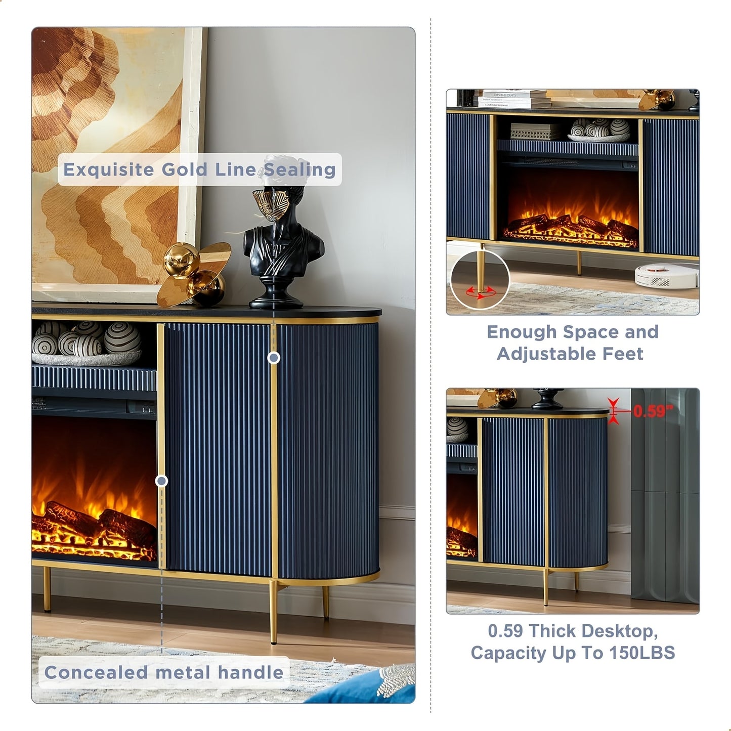 [Luxury Living] Luxury 70" Fluted Fireplace TV Stand, Modern Chic Entertainment Center for TVs Up to 80", White with Golden Accents, Faux Marble Top, Curved Design, Media Console for Living Room, Media Storage Unit | Sophisti