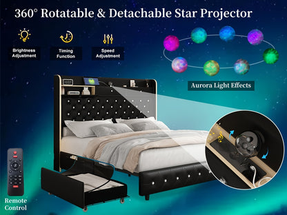 Queen Led Bed Frame With Galaxy Aurora Star Projector, Full Size Platform Bed With 2 Removable Storage Drawers, 52" Crystal Button Tufted Upholstered Headboard King Bed With Charging Station, Noise Free, No Box Spring Needed,